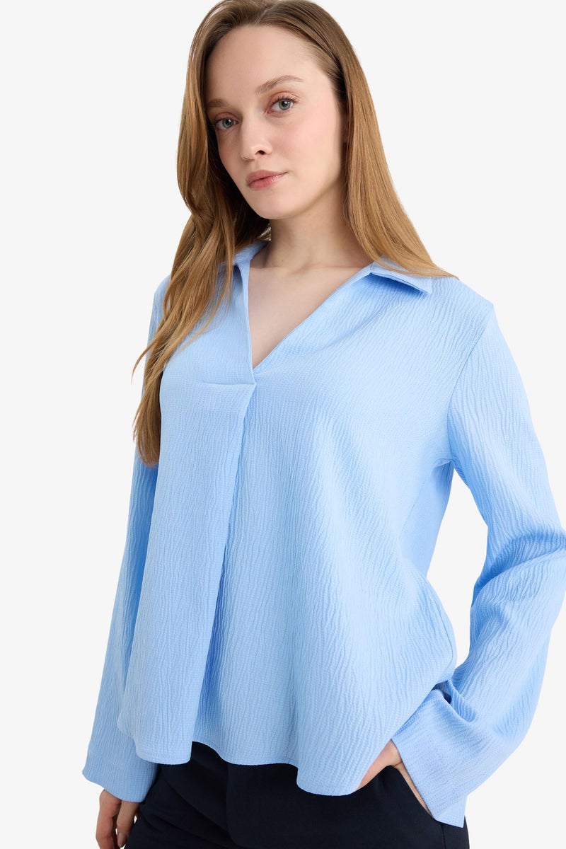 ديفاكتو بلوزة كم طويل منسوج قصة مريحة وياقة قميص - Image 5